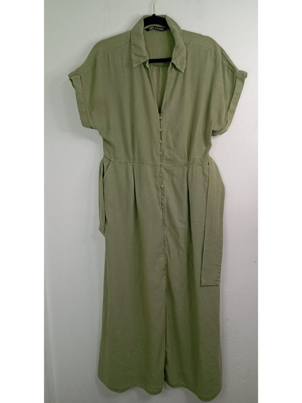 Zara Olive Green Belted Button-Front Midi Dress L Viscose Blend Women